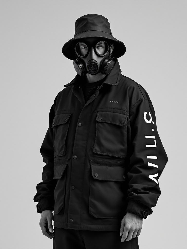 Techwear figure with bucket hat and gas mask